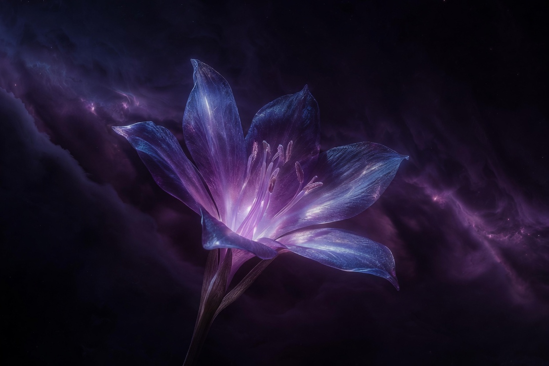 Poems for the Lost — Intimate glowing purple flower suspended in cosmic darkness, a beacon for the wandering and forgotten